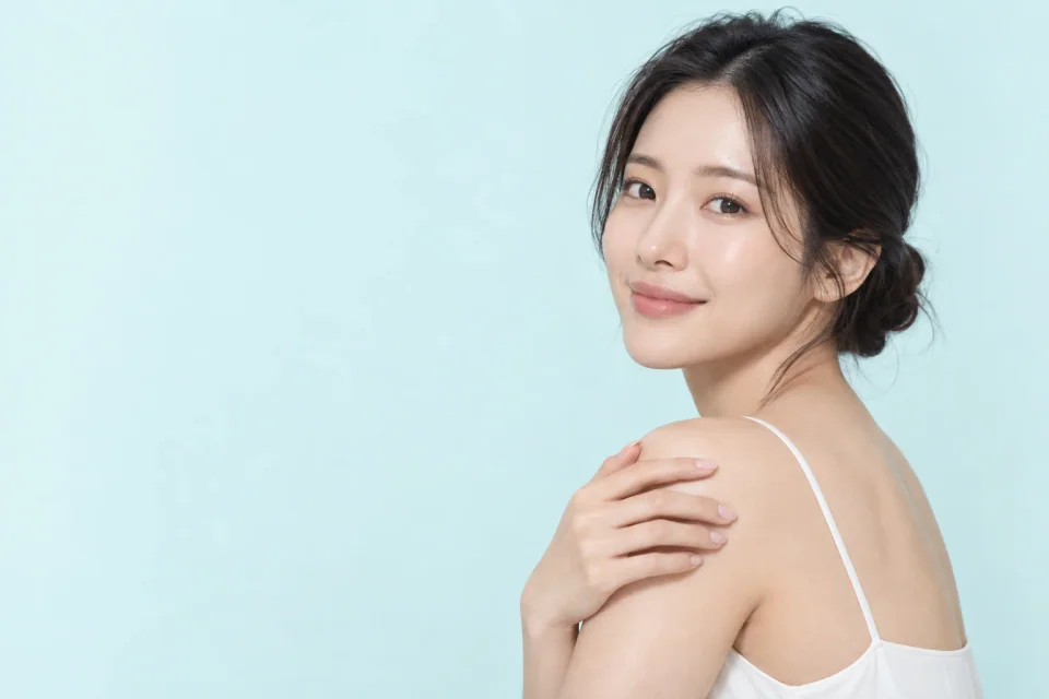 어깨에 손을 올리고 돌아보는 보톡스 안내용 가상 모델