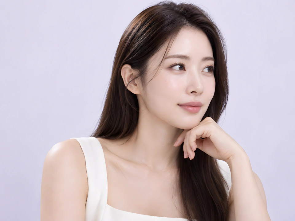 턱 아래에 손을 둔 올리지오X 안내 모델