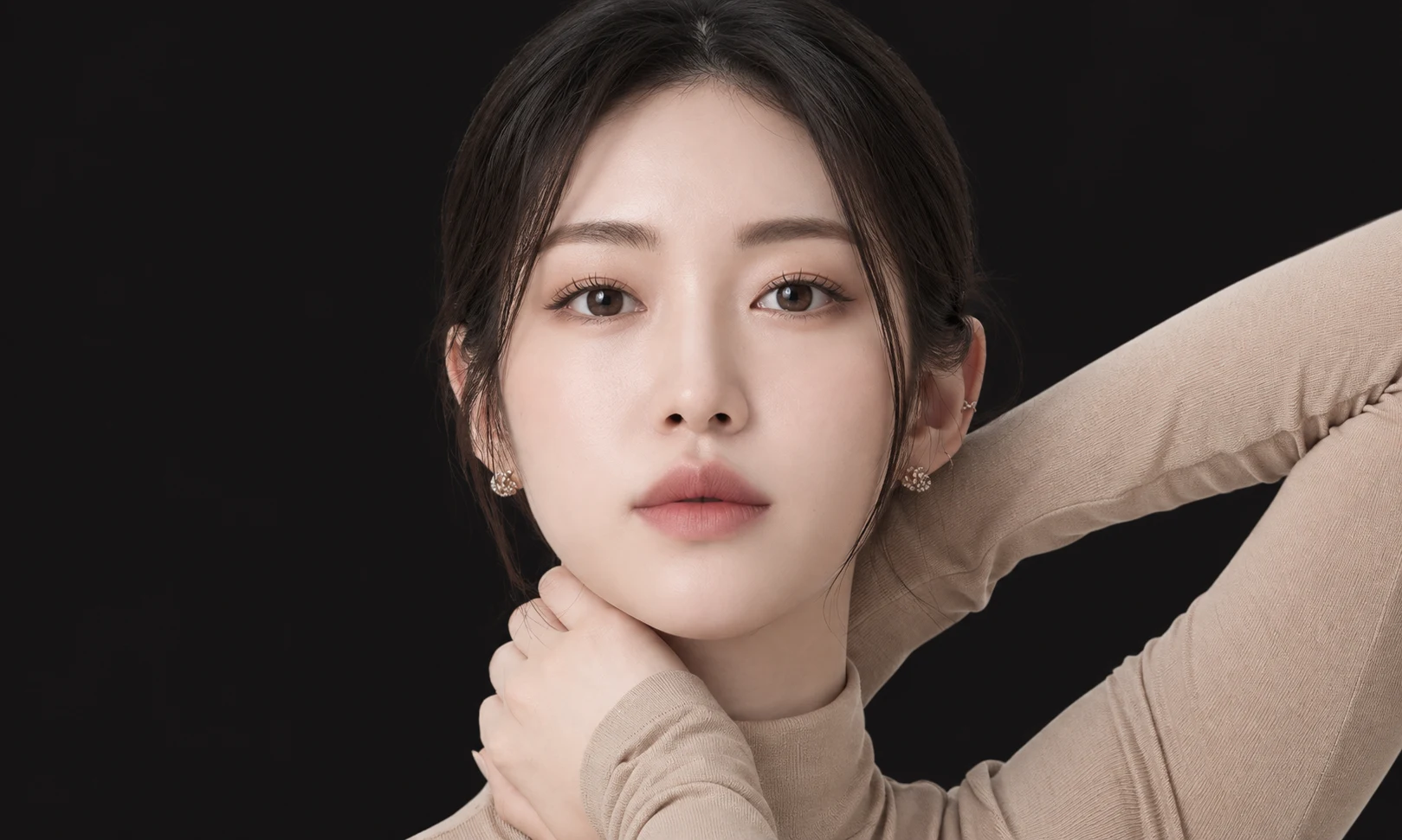 정면을 바라보며 한 팔을 머리 뒤로 올리고 다른 손을 목 옆에 둔 모델